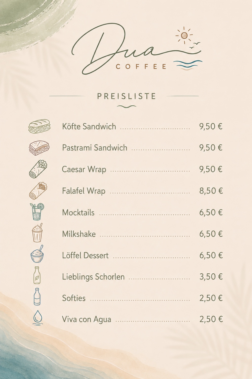DUA Café Preisliste mit Sandwiches, Wraps, Mocktails, Milkshake, Dessert und Getränken